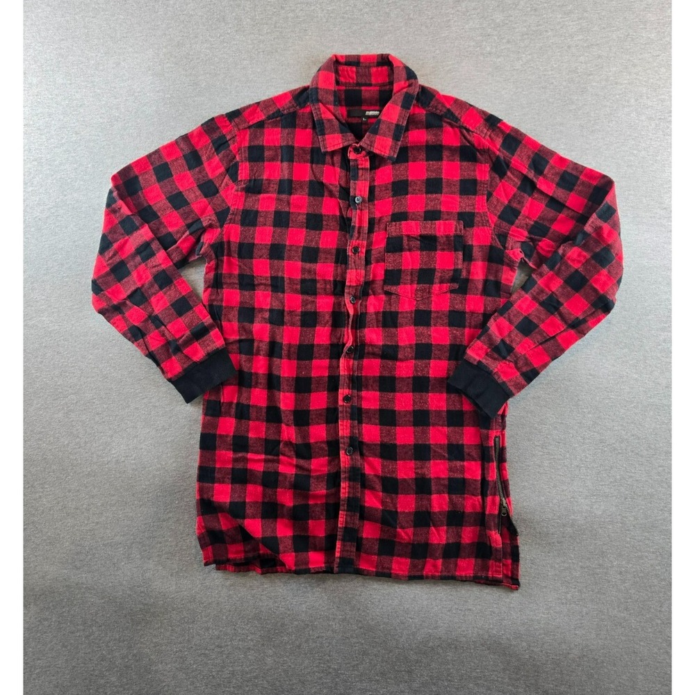 Elwood Men's L Red Plaid Teddy Flannel LS Shirt‎ - Zip Bottom Hem Soft Sleepwear